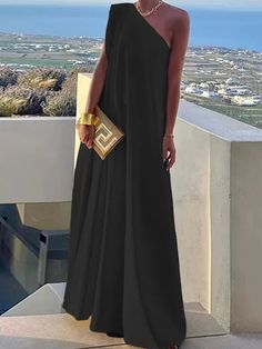 UOOZEE Black One Shoulder Maxi Dress For Spring, Solid One-shoulder Maxi Dress For Night Out, One Shoulder Solid Maxi Dress For Night Out, Black One-shoulder Mini Dress For Spring, Black One-shoulder Evening Dress For Spring, Black One-shoulder Maxi Dress For Summer, Black Off-shoulder Maxi Dress For Vacation, Black One Shoulder Beach Dress, Casual One Shoulder Solid Maxi Dress