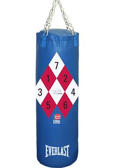 the everlast punching bag hanging from a chain on a white background with red and blue squares