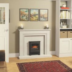 a living room with a fire place in the center and bookshelves behind it