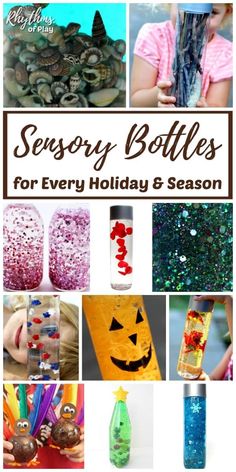 several different bottles filled with colorful liquid and glitters, including one for every holiday and the other for halloween