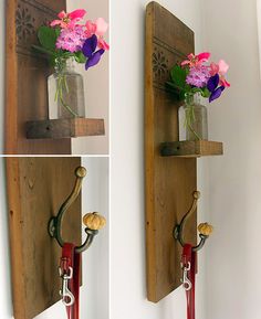 Wood Sconces, Diy Reclaimed Wood, Coat Hook Wall, Handy Craft, Vintage Coat Hooks, Diy Blanket Ladder, Old Shutters, Shelving Solutions, Driftwood Wall Art