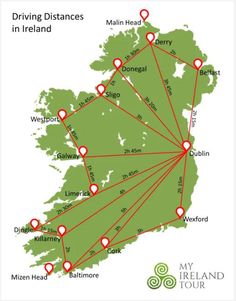 a map showing the locations of driving distances in ireland and where you can find them