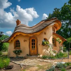 a small house with a thatched roof in the middle of a garden and surrounded by greenery