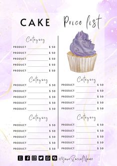 a cupcake price list with purple frosting on it and the words, cake price list