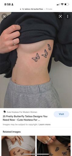 a woman's stomach with butterfly tattoos on it