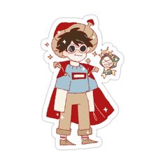 a sticker with an image of a boy wearing a red cape and holding a toy