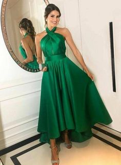 Halter Prom Dresses, High Low Prom Dresses, Green Prom Dress, Formal Dresses For Women, Evening Gowns Formal, Evening Party Dress, Green Satin, Prom Dresses Short, Long Prom Dress