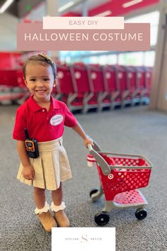 A little girl wearing a  DIY Target employee Halloween costume for kids pushing a mini Target shopping cart Target Halloween Costume, Target Employee Costume, Target Costume, Halloween Costume Toddler Girl, Target Store, Polo Boots, Toddler Girl Halloween, Target Halloween, Target Kids