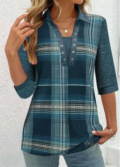 Color:Peacock Blue;Size:S;Size:M;Size:L;Size:XL;Size:XXL;Package Contents:1 X Blouse;Occasion:Other;Style:Casual; Shirt Collar Blouse, Half Sleeve Shirt, Boutique Style Outfits, Waistcoat Dress, Trendy Tops For Women, Half Sleeve Shirts, Blue Plaid Shirt, Half Sleeve Blouse