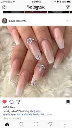 Wedding Ballerina Nails, Nail Diamonds Ideas, Ombré Nails With Gems, Nail Ideas Gems, Ombre Nails With Gems, Gold Nails Prom, Diamante Nails, Diamond Nail Designs, Champagne Nails