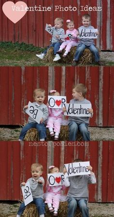 two young children sitting on hay holding up signs that say i love you and valentine's day