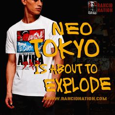 a man standing in front of a black background with the words neo tokyo is about to explode