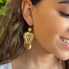 Beautiful Filigree Earrings that will match perfectly with any casual or evening outfit. Hand spun by Artisans in Oaxaca. Filigree is a technique that dates 3000 yrs. BC was brought to Mexico by the Spaniards in the 1500s. It has literally - spun - diverse cultures around the world. MATERIAL: Filigree: Each piece is meticulously created out of copper wire and spun into a beautiful lace design that is then dipped in a thin veil of 22-carat gold. Over time they will develop a distinct patina. - Cl Cultures Around The World, Filigree Heart, Evening Outfit, 22 Carat Gold, Filigree Earrings, Evening Outfits, Lace Design, Hand Spinning, Heart Earrings