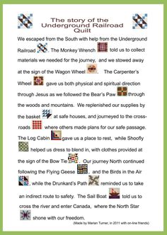 the story of the underground railroad quilt pattern is shown in green and white, with words below it