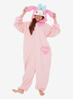 Add some sweet Sanrio style to your wardrobe with this My Melody-inspired Kigurumi onesie! With an attached hood  this one-piece includes 3D ears and bow  embroidered facial details  a button closure  and a front pocket with embroidered "My Melody" lettering. With a plush tail on the back  this Kigurumi is perfect for costume parties  naps  and beyond.Polyester fleece One size fits most Sleeve length: 23" Shoulder width: 22" Circumference: 57" Bust: 50" Height: 54" Wash cold with like colors; dry low Imported Sanrio Style, Room Wear, Sanrio My Melody, Costume Parties, My Melody, Club Dresses, Me Time, Costume Party