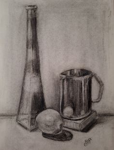 a pencil drawing of a pitcher and plate next to a silver jug on a table