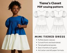 Exclusive patterns from the author of Tiana's Closet Sewing Patterns. Visit my blog for more ideas, sewing tips and free patterns: https://tianascloset.com/ The Mimi tiered dress is a cute and simple design for little girls. It features voluminous tiered design, with cute puffed short sleeves and a curved front waist detail. You can use your creativity to make this dress in color blocks, or with a beautiful, fun print pattern! Patterns are created in layered PDF, which means you have all sizes i Vintage Sewing Patterns Children, Simple Sewing Pattern, Sewing Pattern For Beginners, Beginner Sewing Patterns, Simple Sewing, Sewing Patterns Girls, Disney Bound Outfits, Pattern Simple, Sewing Patterns For Kids