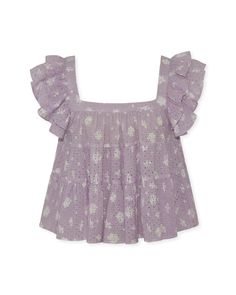 Lilac floral print in 100% Cotton Designer Printed Tops For Spring, Designer Cotton Tops With Floral Print, Designer Ruffled Tops For Spring, Designer Spring Tops With Ruffles, Designer Ruffle Tops For Spring, Designer Ruffled Summer Tops, Designer Ruffled Tops For Summer, School Outfit, School Outfits