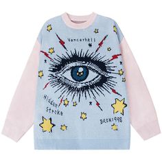 Eyes Graphic, Sweater Streetwear, Oversized Knit Sweater, Star Graphic, Trim Styles, Graphic Sweaters, Oversized Jumper, Oversized Knitted Sweaters, Knit Sleeve