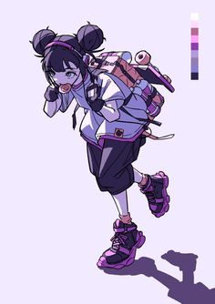 a drawing of a girl with purple hair and glasses on her head, carrying a backpack