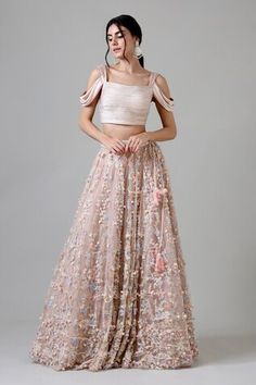 Pink lehenga with 3D floral applque embroidery. Paired with a padded cold shoulder blouse with floral embroidery in the back. - Aza Fashions Party Wear Sets With Floral Embroidery For Reception, Floral Embroidered Party Wear Sets For Reception, Party Wear Floral Embroidered Floor-length Lehenga, Party Wear Floor-length Lehenga With Floral Embroidery, Pink Lehenga, Cold Shoulder Blouse, Floral Applique, Set Women, Aza Fashion