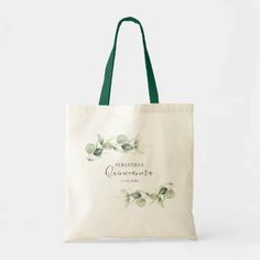 a white bag with green leaves on it and the words, mammara charlotte