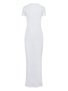 Ludovic de Saint Sernin maxi dress in ribbed white cotton blend with crew neck, short sleeves, tonal embroidered logo detail on the front, straight hem. Composition: 95% Cotton, 5% Elastane Spring Fitted Crew Neck Maxi Dress, White Fitted Crew Neck Dress, White Fitted Maxi Dress With Short Sleeves, Fitted White Maxi Dress With Short Sleeves, White Ribbed Fitted Maxi Dress, White Ribbed Casual Maxi Dress, Casual White Ribbed Maxi Dress, Ludovic De Saint Sernin, Maxi Shift Dress