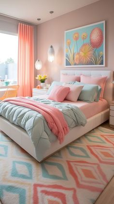 a bedroom with pink and blue decor in it