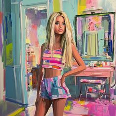 a painting of a woman standing in front of a pink and blue room with a mirror