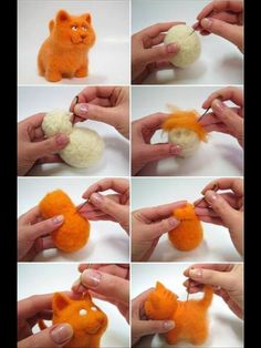 there are many pictures of the process of making a stuffed animal that looks like an orange cat