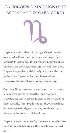 the zodiac sign for capricorn is shown in purple and black text on a white background