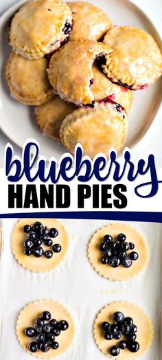 blueberry hand pies on a white plate with the title above it and an image of