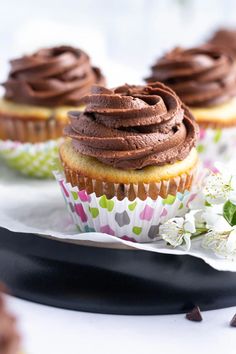 three cupcakes with chocolate frosting on top