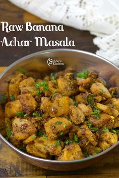 raw banana achar masala in a metal bowl on a wooden table with the title above it