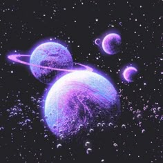 an artist's rendering of two planets in the sky with stars and bubbles around them