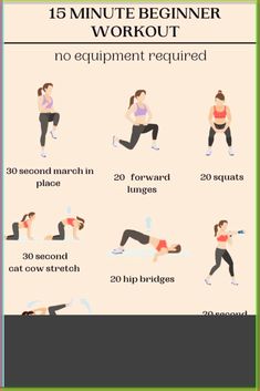 the 15 minute beginner workout for women is shown in this graphic style, with instructions to