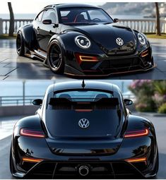 two different views of the front and back of a black volkswagen sports car with its lights on