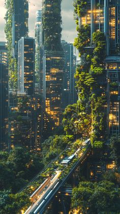 the city is surrounded by tall skyscrapers and lush green trees on both sides of the road