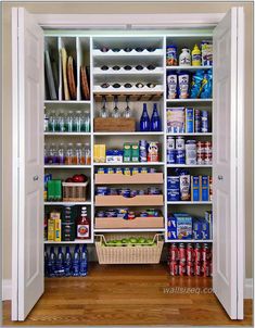 an open pantry with lots of food and drinks