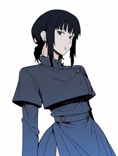 an anime character with black hair and blue dress