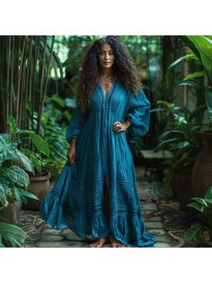 Women Elegant Dresses, Women's Linen Retro Ethnic Style Oversized Comfortable Breathable Dress Holiday Comfortable Casual Long Shirt Dress Oversize Sleeves, Dress Royal, Casual Home, Maxi Styles, Royal Blue Dresses, Long Shirt Dress, Outdoor Party, Ethnic Style, Country Outfits