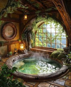 an outdoor hot tub in the middle of a room with windows and plants around it