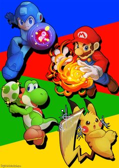 an image of mario and friends playing with each other in front of a rainbow colored background