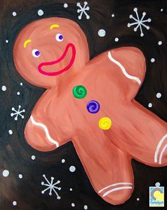 a painting of a ginger with buttons on it's side and snowflakes in the background