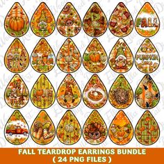 the fall teardrop earrings bundle includes pumpkins, leaves and other autumn items in orange