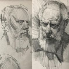 two drawings of old men with different facial expressions