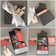 four different pictures of an open gift box with ribbon and tags on the front, inside and out