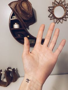 a person's hand with a small pi tattoo on their left wrist next to a mirror