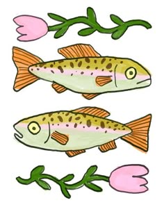 two fish are swimming in the water next to some pink flowers and green leaves on a white background