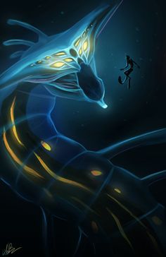 an artistic painting of a dragon and a man in the dark with light coming from its eyes